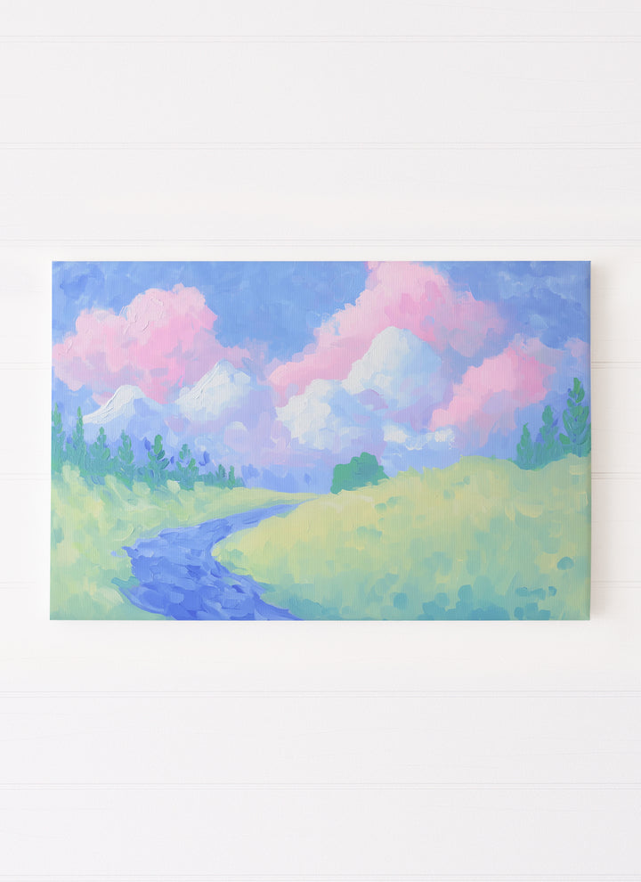 River, Trees, Pink Clouds Landscape