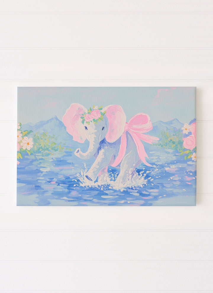 Cute Elephant Splashing in Water with Florals