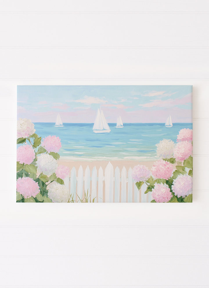 Pastel Pink Hydrangeas and White Sand Beach with Sailboats