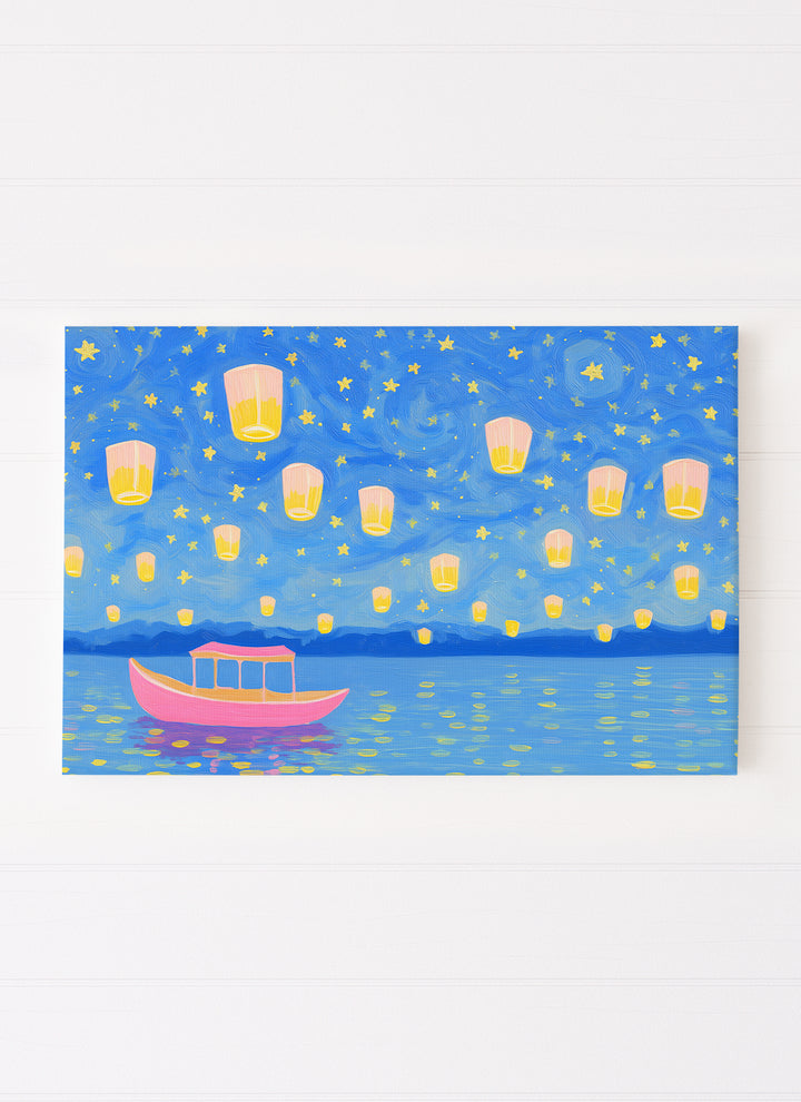 Starry Night with Glowing Lanterns and a Boat on a Lake