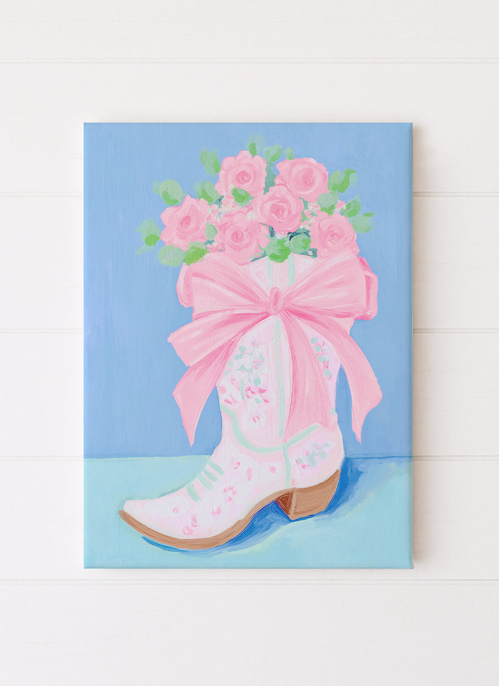 Cowgirl Boot With A Pink Bow and Flowers