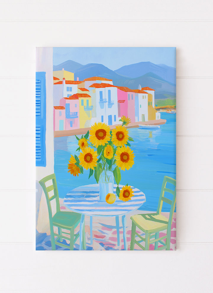 Sunflowers in Greece Over the Water with Colorful Buildings