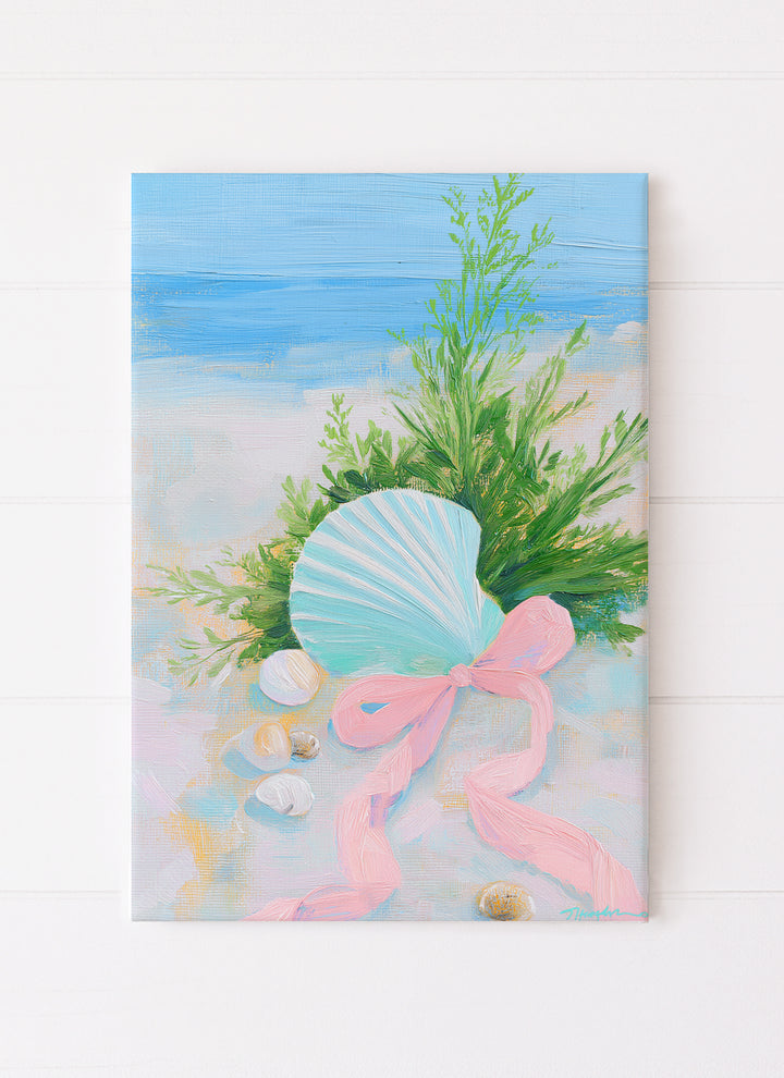 Mint Seashell with Pink Satin Ribbon