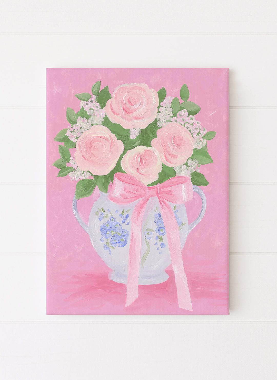 Preppy Grandmillennial Ginger Jar with Flowers and a Pink Bow