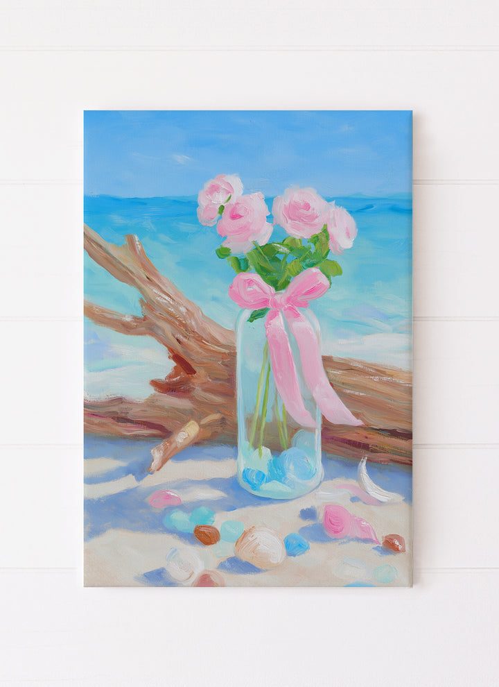 Jar with Roses on Tropical Beach with Sea Glass