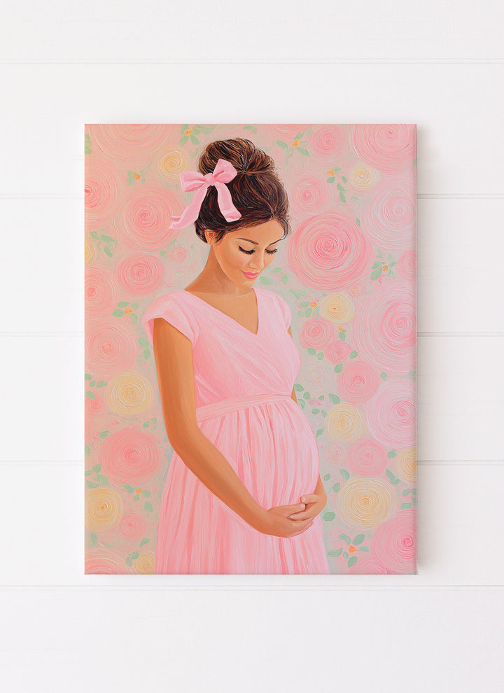 Pregnant Mother With A Pink Dress and Bow