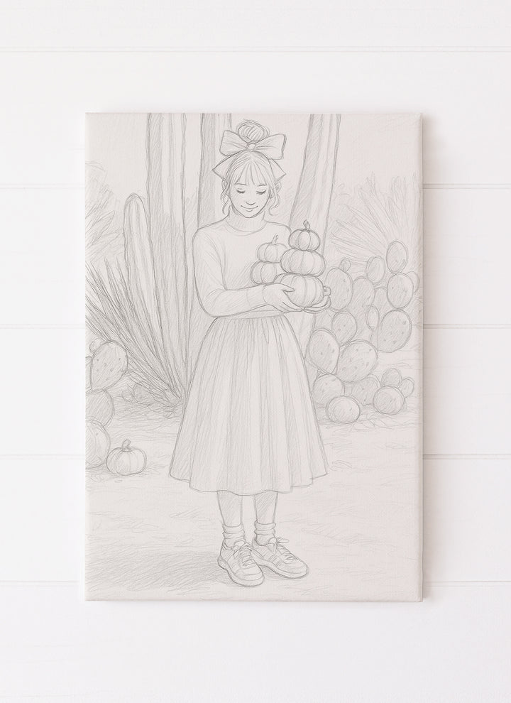 Girl in Pink Skirt Holding Pumpkins with Cactus Background