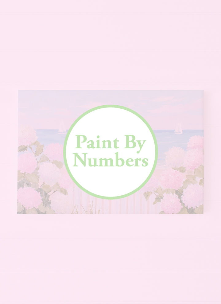 Pastel Pink Hydrangeas and White Sand Beach with Sailboats